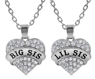 Matching Big Sis Lil Sis Crystal Heart Necklace Set 