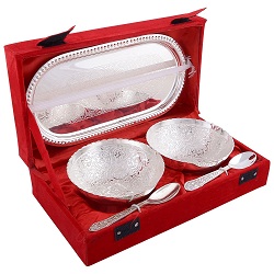 Rajasthan Emporium and Handicrafts German Silver Bowl, Spoon and Tray Gift set