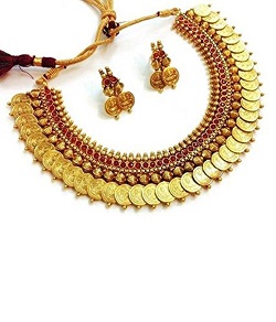 Red Traditional Temple coin Necklace Set for Women